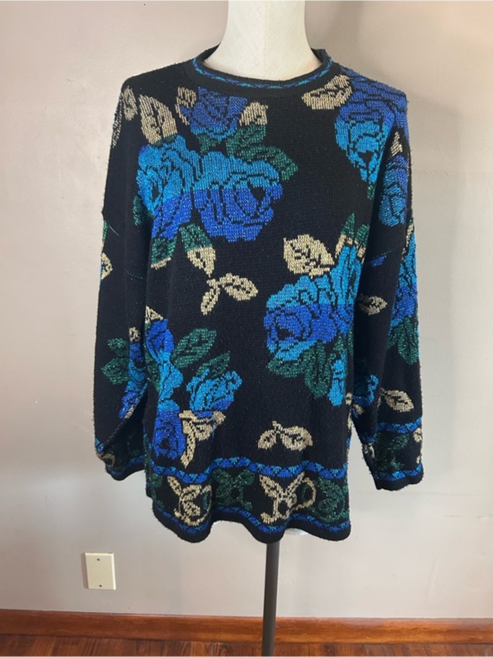 Vintage Black Sweater with Blue & Green Rose Motif